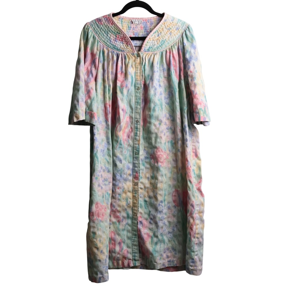 Appel‎ Vintage Pastel Floral Watercolor Print Housecoat Button Front Robe Midi